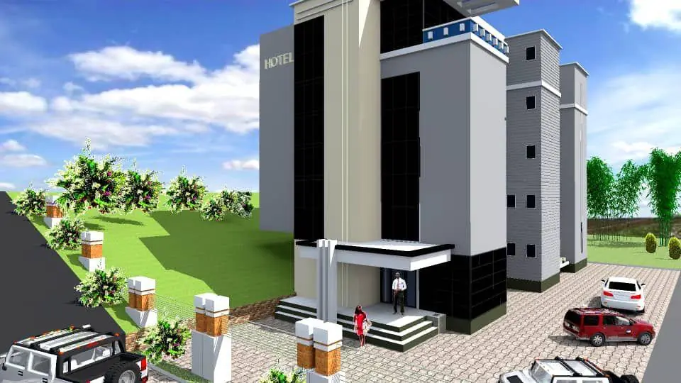 Architectural design for 45-room hotel with bar, resort area and rooftop view