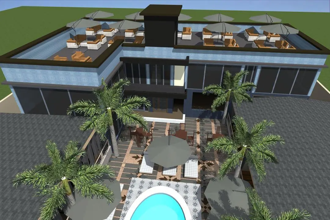 Additional architectural design view 3 for 45-room hotel with bar, resort area and rooftop view